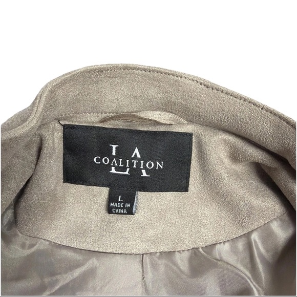 LA Coalition Womens Full Zip Vegan Faux Suede Moto Taupe Beige Jacket Large - Picture 10 of 14
